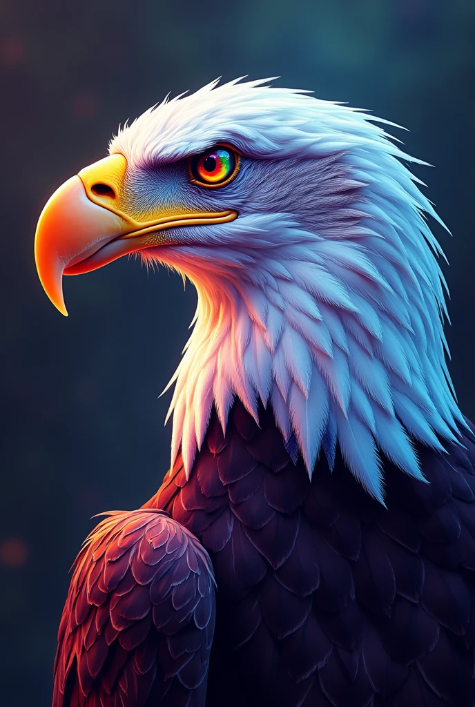 American Eagle's face from the side, with psychedelic colors, with 8k definition