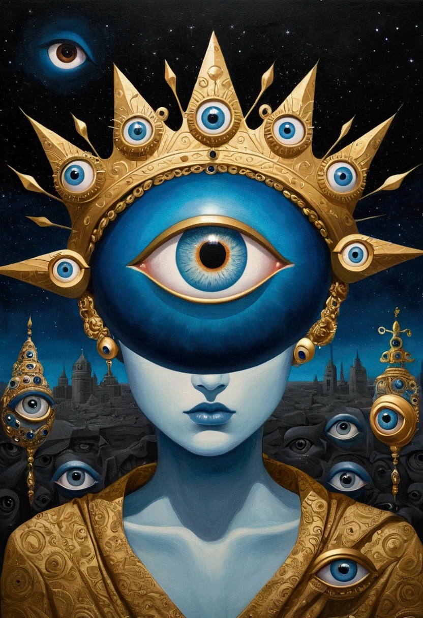 There is a blue eye in the painting，Wearing a golden crown, Andrei Korkutin (Andrei Kolkoutine) Surrealism, Winner of the Behance competition, Pop surrealism, Portrait of a mysterious giant eye, All-Seeing Eye, eyeball, All-Seeing Eye, s eyes, void eyeballs, Futuristic ballroom. big eyess, big eyes, The Third Eye, Third Eye Vision