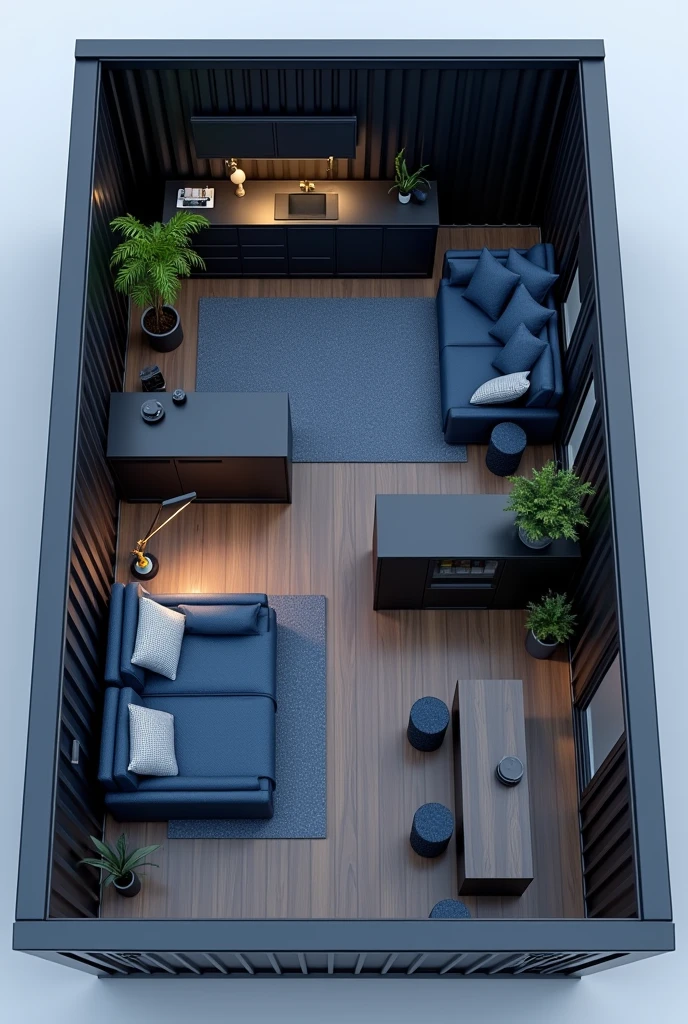 Create a living room, bedroom, bathroom and kitchen in this project and show how it looks in 3D . Black container on the outside and navy blue inside, timeless colors