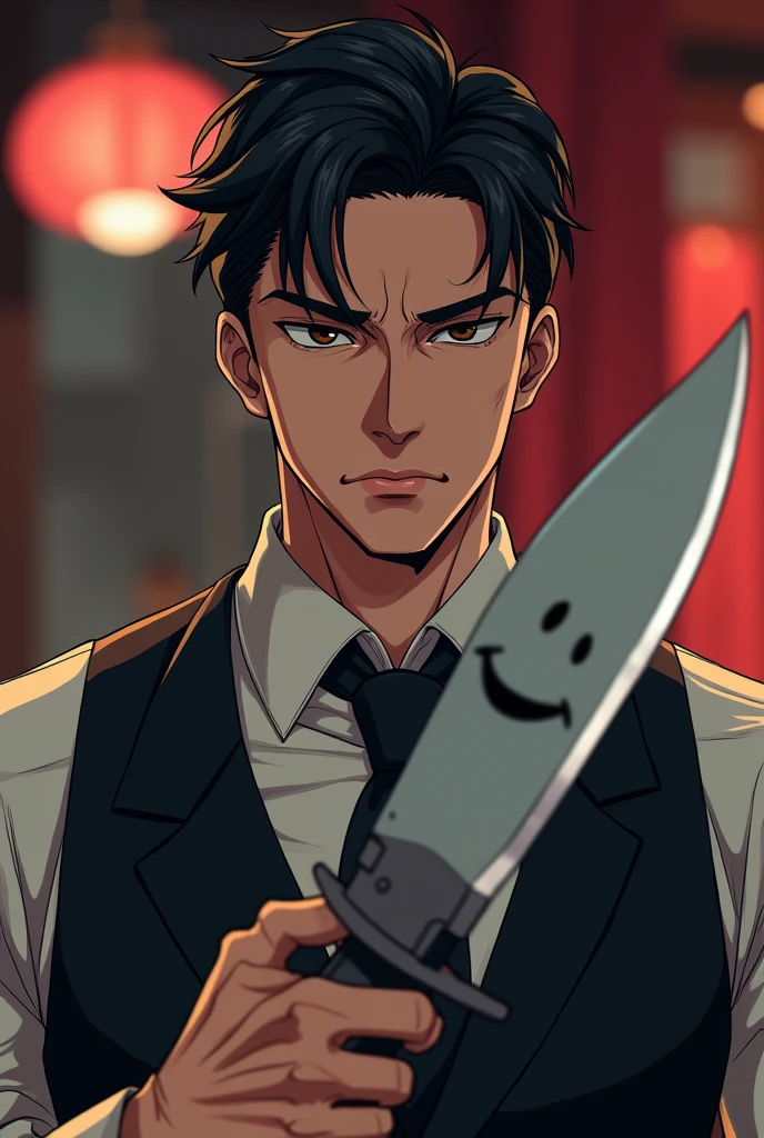 30 year old strong man, bartender outfit, very stylish, lightly combed black hair, formal face, calm eyes, With a malicious smile, holding a large hunting knife with a pointed smile drawn on the knife in anime style