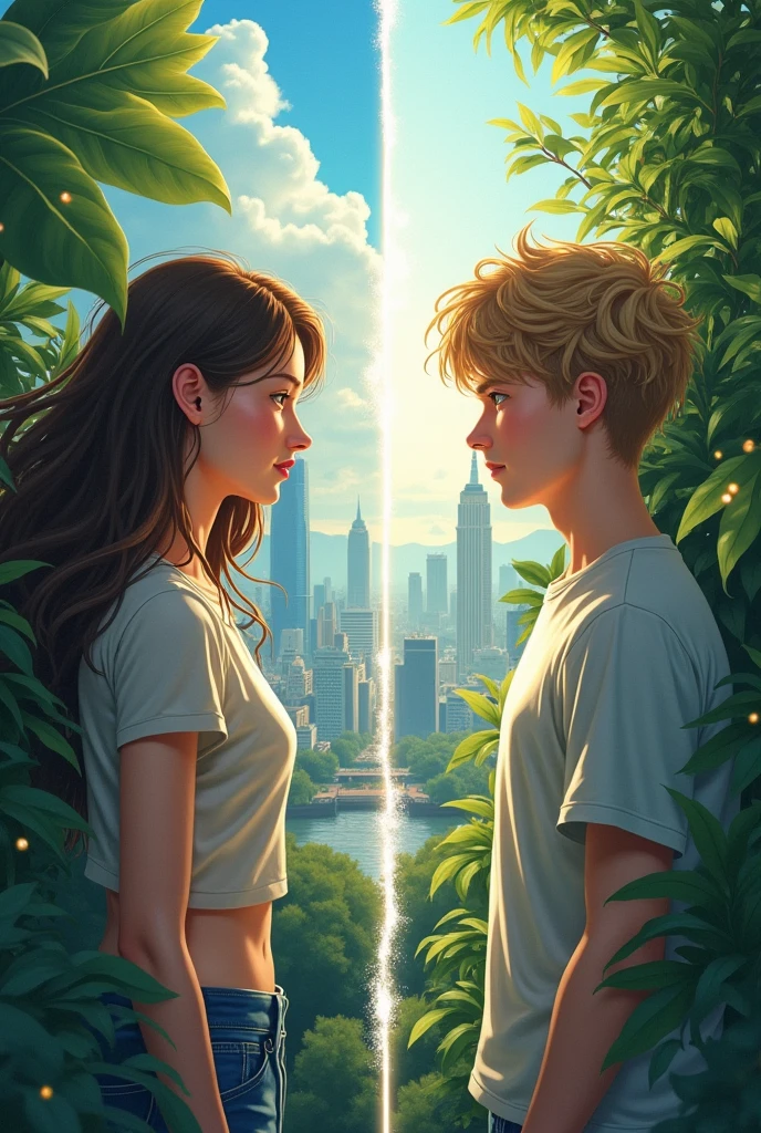 Girl and boy divided by a line, that the girl has brown hair, and that the boy has brown and blond hair, That on the girl's side there is a city and on the boy's side there is a garden., photographic realism style, and they are both like 20 years old