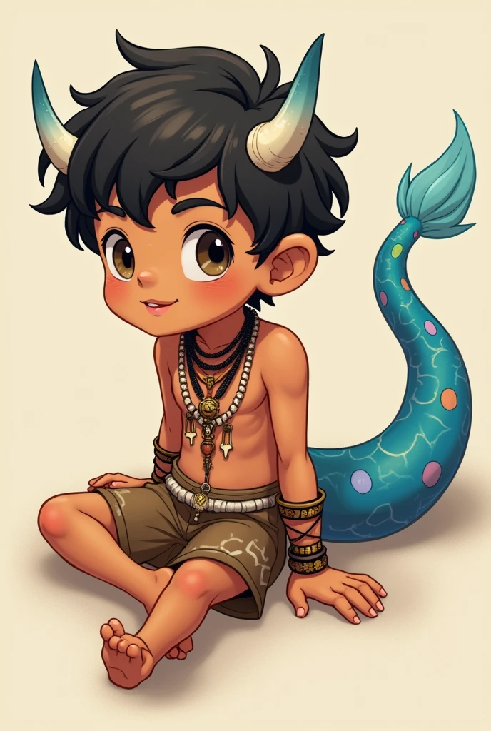Young man under, delgado, teenage body, blue snake tail, little blue horns, brown skin, and some multicoloured scales. short hair. anime style, cartoon style, Digital art, high detail face, tan lines. Clean and delicate face. Friendly face, whole body. lying on the floor, relaxed pose, laziness. tribal clothing, short skirt, bare legs, soft skin, bone ornaments, Gold bracelets and accessories, simple background.