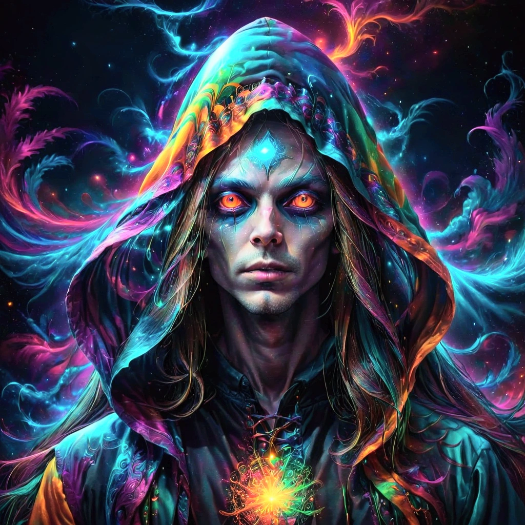 a close up of a person with a long hair and a hood on, conjuring psychedelic background, scary color art in 4 k, psychedelic digital art, nightmare digital art, colorfully ominous background, digital art 4k unsettling, psychedelic visuals, shamanic dmt horror art, mind-bending digital art, dmt ego of death, surreal psychedelic design