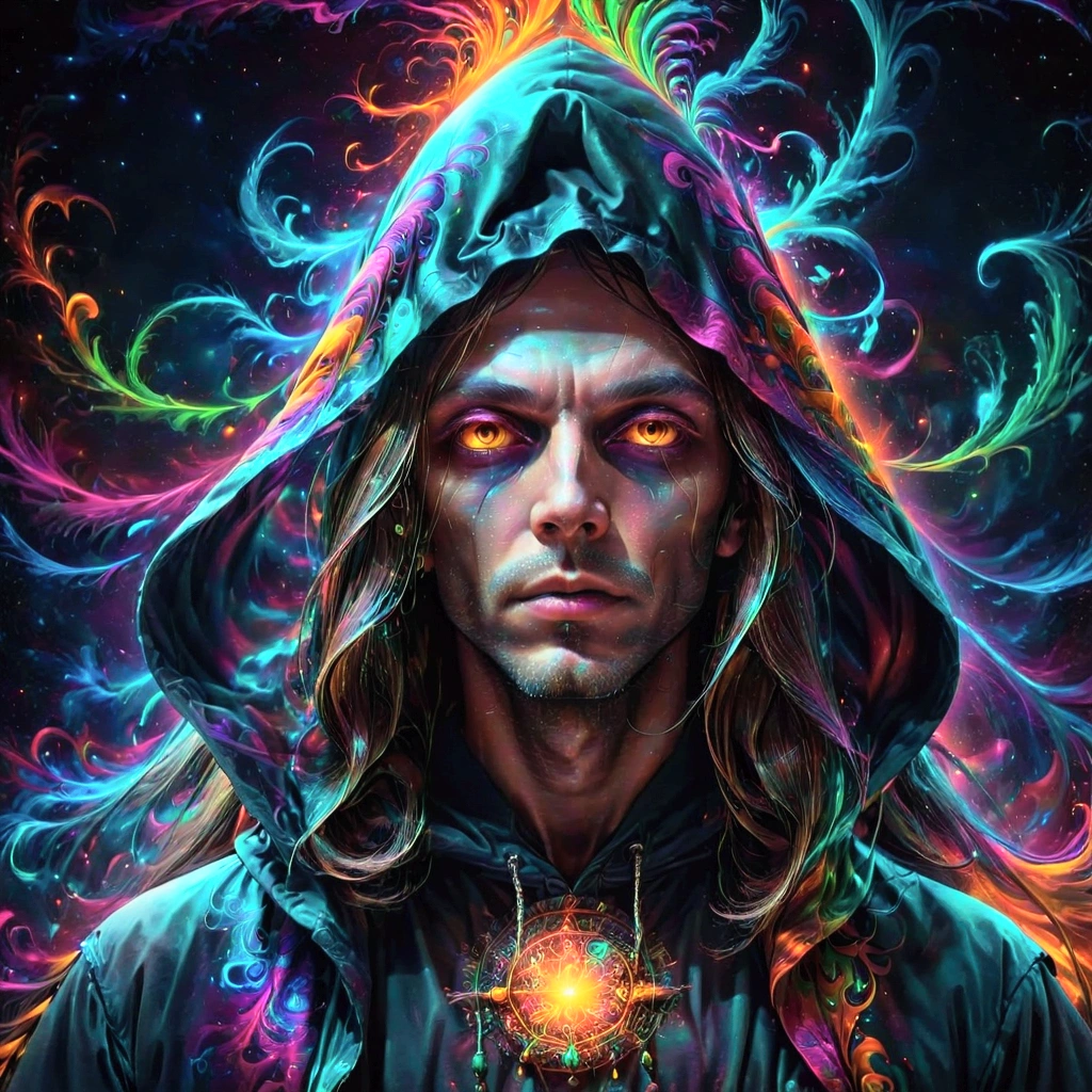 a close up of a person with a long hair and a hood on, conjuring psychedelic background, scary color art in 4 k, psychedelic digital art, nightmare digital art, colorfully ominous background, digital art 4k unsettling, psychedelic visuals, shamanic dmt horror art, mind-bending digital art, dmt ego of death, surreal psychedelic design