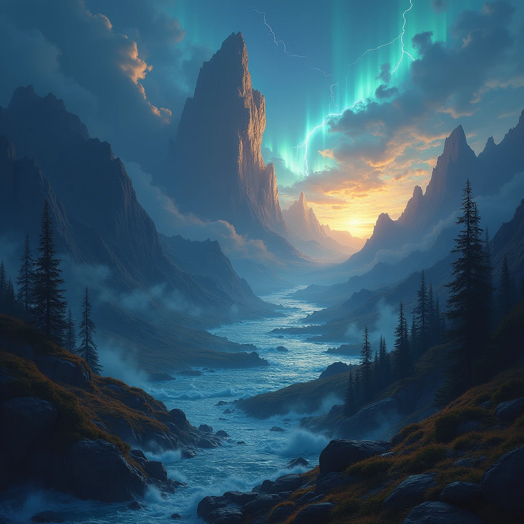 (8k ,masterpiece, best quality, Extremely detailed), ((Wide-angle lens:1.5)),Vibrant colors, Surreal landscape, lightning, Fantasy art style, author Antonio J. Manzanedo, author：Jeremy Lipking, 