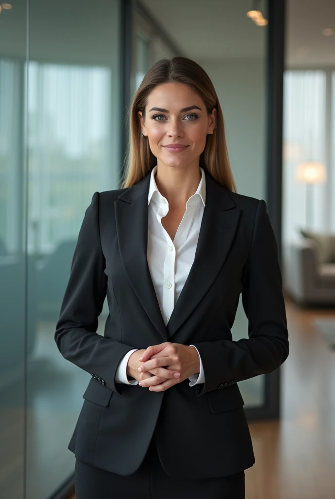 A business woman presenting facing the camera , formal lady suit for promotional announcement 
