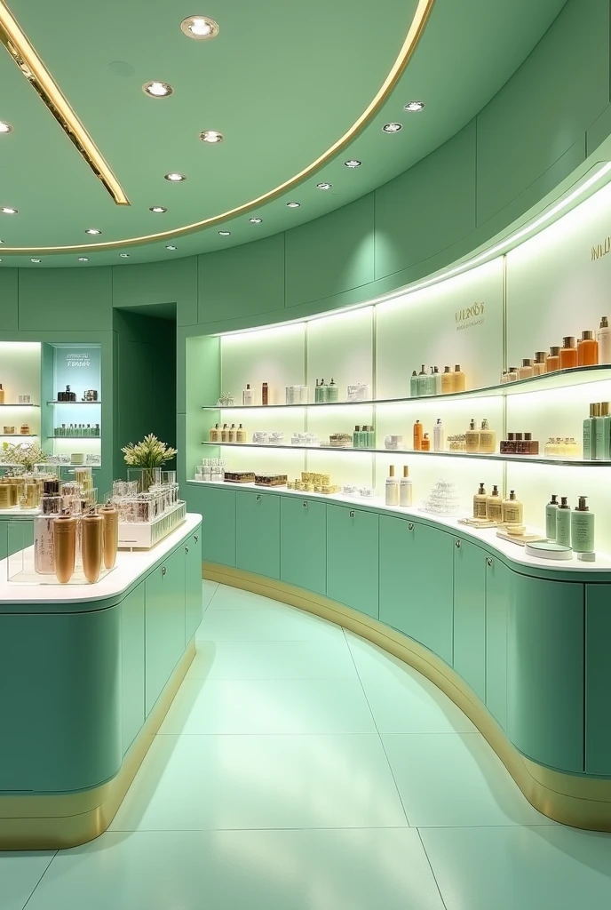 create the interior of a cosmetics store inside a shopping mall, for a brand called Walancy, in water green colors, white and gold