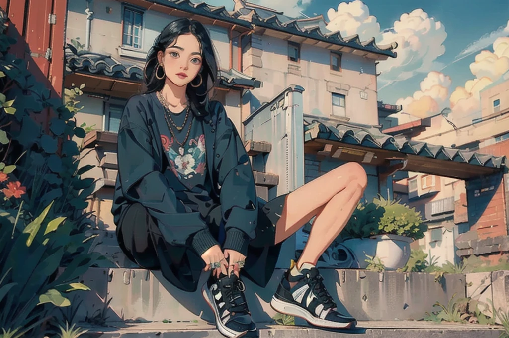 ((Masterpiece)), best quality, perfect anatomy, 8K wallpaper, 1girl, solo, black shoes, black hair, printed shirt, long hair, necklace, looking at viewer, long sleeves, on street, sitting on stairs, hoop earrings, wide shot, ring,