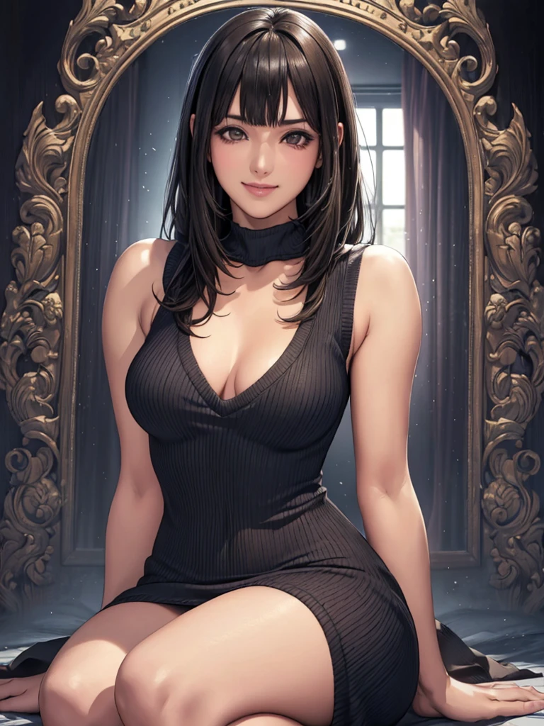(8K, 超High resolution, highest quality, pieces fly:1.2),(2:1.2)、(big smile)、(avert your eyes)、8K、Japanese girl raw portrait、超High resolution、highest quality、 (small :1.5),(sleeveless knit dress:1.5)、(from below:1.2)、walk、support your chest with your hands、(Panty s.2)、(city:1.4) Blake is (natural skin texture、fine skin、hyper realism、Super sharpness)、intricate details、written boundary depth、idol sculpture、actress model pose、 lady、、long black hair、Rear view、beautiful butt、star pihighest quality、High resolution))、(1 girl)、(realistic:1.4)、alone、close your mouth、happy smile、smile happily、pretty black hair、Big eyes、Clear double eyelids、eyelash、stick out ears、long neck、Absolute area、beautiful clavicle、perfect face、bangs、きれいなbangs、thin lips、Fair skin、small face、face becomes smaller、draw all the heads、look slightly upward at the camera、(look at the audience、eye highlights、light brown eyes、lip gloss chest bulge、squat、white boots、