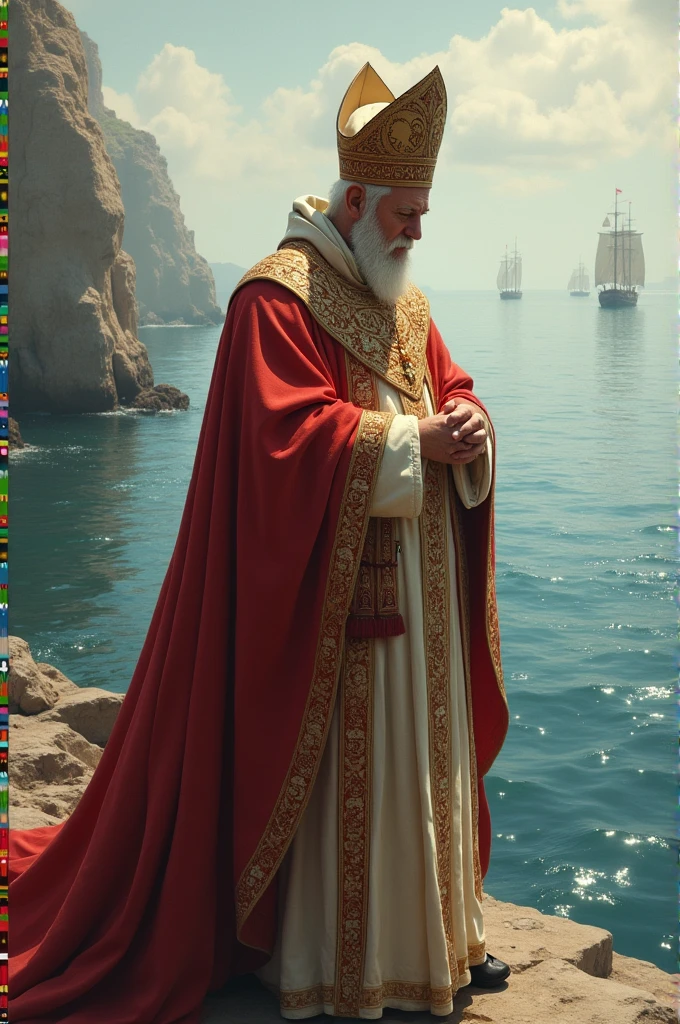 Make the image of the beautiful pope of the middle ages. Make him near a sea wearing a Pope&#39;s clothes. I don&#39;t want the realistic photo, I want it with enough features of an image from the Middle Ages 