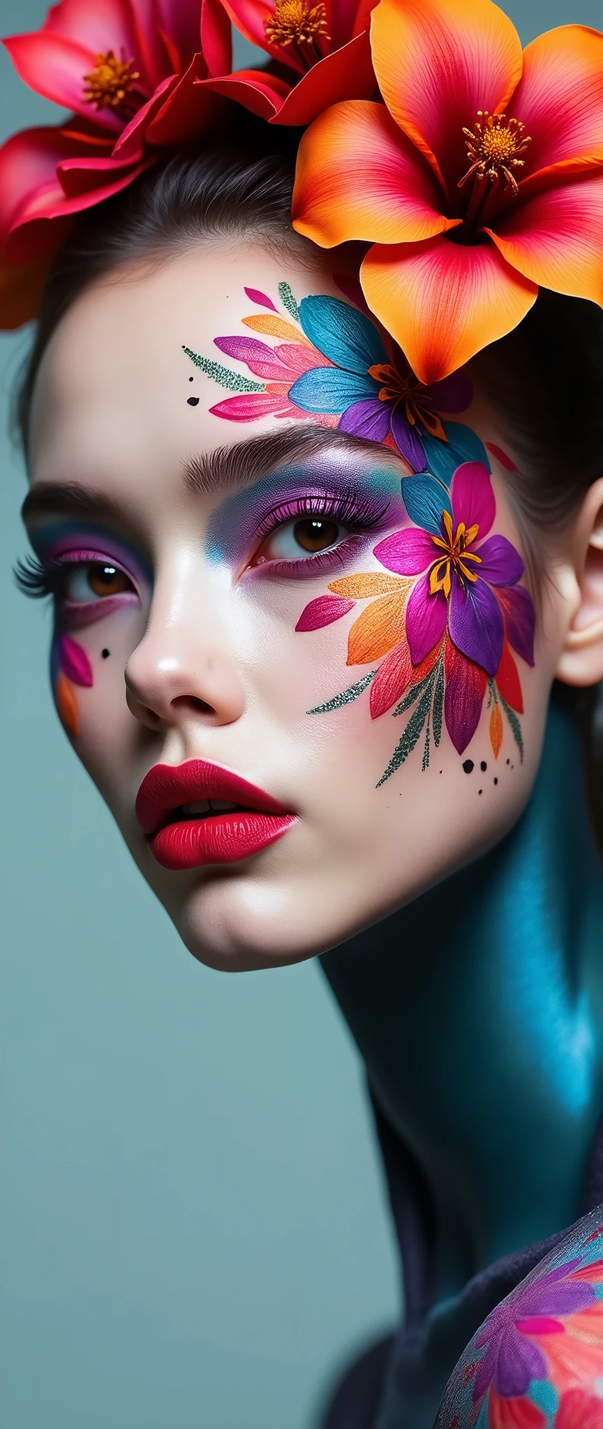 Create facial makeup with flowers, only flashy makeup 