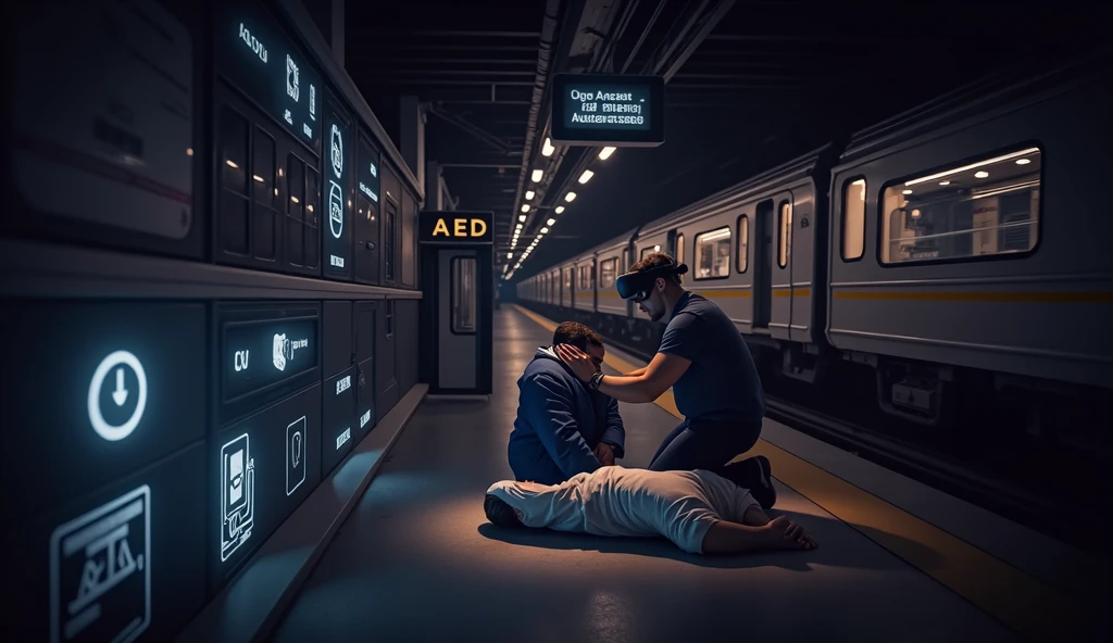 Scene at subway station，A subway train passing by in the background，Someone in front is wearing VR and using AED to rescue the person lying down.，Technology lines