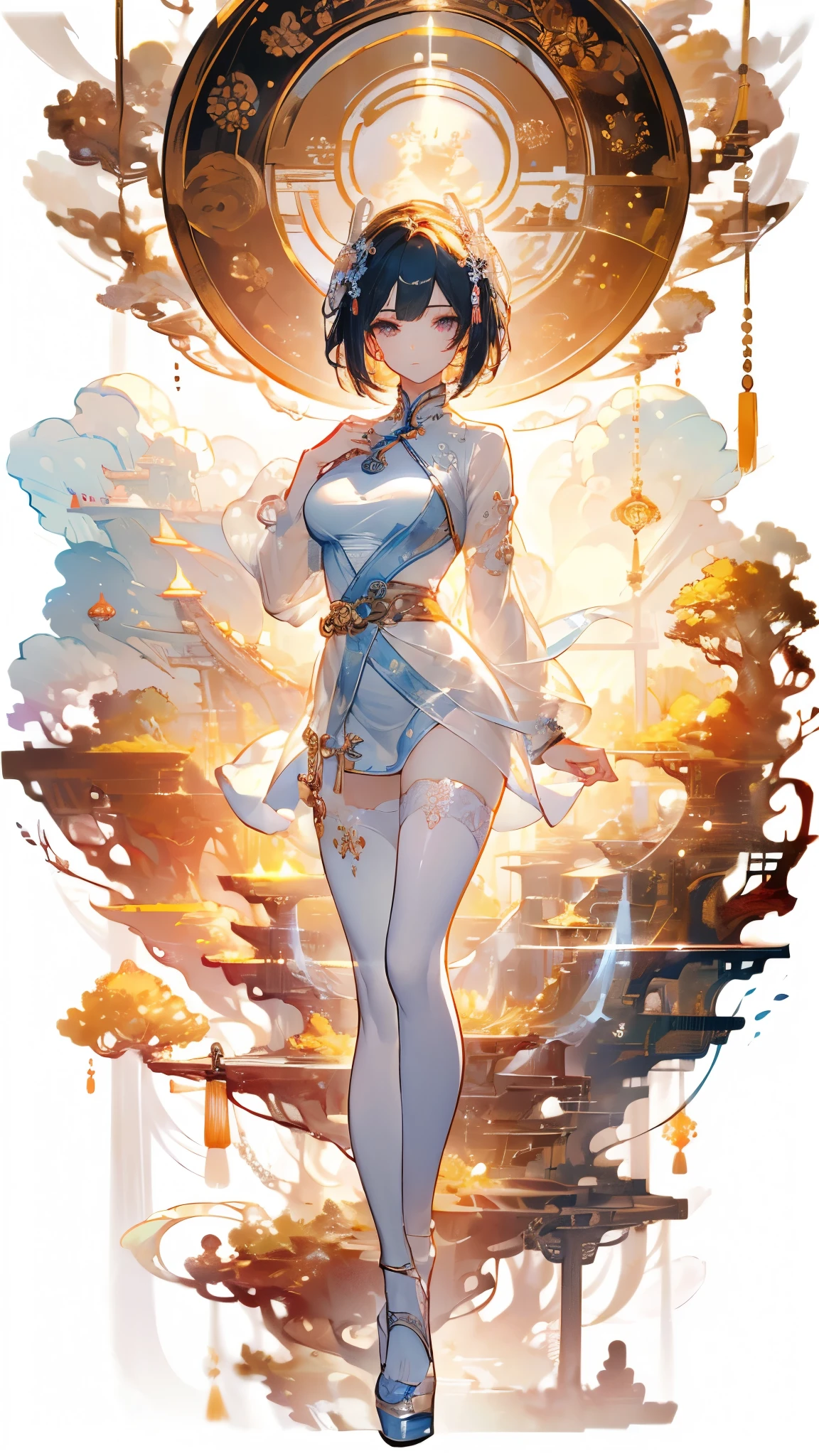 ((masterpiece, best quality)), Delicate face,goddess,cloud顶天宫,cloud,Chinese style,antiquity,whole body,Long legs,Standing,Perfect body proportions,Handsome short hair,beautiful eyes,Fantasy style,Extremely beautiful,Pure white background,transparent,Large Breasts,nude,chain,sexly,Pantyhose