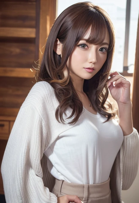 (best quality, 4K, 8k, highres, masterpiece:1.2), ultra-detailed, (realistic, photorealistic, photo-realistic:1.37), hyper detailed, extremely detailed, intricate details, sharp focus, physically-based rendering, professional, vivid colors, studio lighting、Japanese High School Girl、Natural Makeup、(Hair Color:Random)、middlehair、Inward curl、White shirt、Open shirt