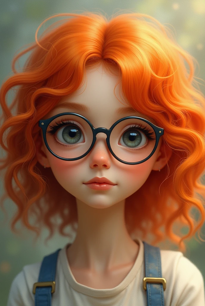 A girl, thin, curly orange hair, with glasses