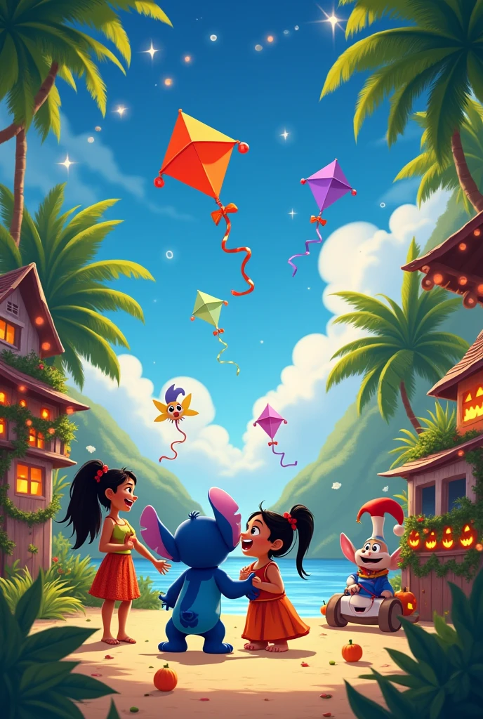 Create a scene from the movie Lilo and Stitch where they have Christmas things, the hallowen, love and friendship and kites