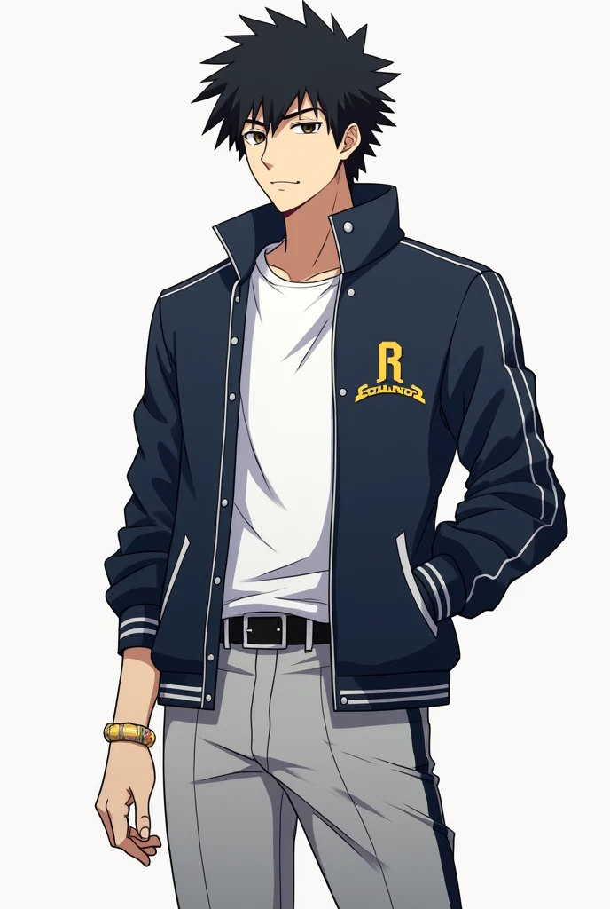 Kūseki Yamamoto wears the standard U.A. Academy uniform, which consists of a dark blue jacket with a distinctive design. The jacket features a high collar and is adorned with a white line running along the edges of the lapels and cuffs. On the left side of his chest, he displays the U.A. logo, a shield-shaped emblem with the letter "U" in the center.

Underneath the jacket, he wears a white T-shirt that stands out beneath the uniform. The uniform pants are a light gray tone and fit well, allowing for freedom of movement. It is complemented by a black belt and a pair of comfortable yet durable athletic shoes, suitable for the physical demands of academy activities.

Kūseki has an average height and an athletic build, a result of his intense training. His hair is jet black, somewhat messy with tips that stick up, giving him a slightly rebellious look. His eyes are dark brown, intense, and reflect determination and self-assurance. He also has an expression that combines confidence with a hint of arrogance, a remnant of his previously capricious personality.

On his left wrist, he wears a small bracelet that reminds him of his family in Kobe, a detail that shows his attachment to his roots despite his new life at the academy.
