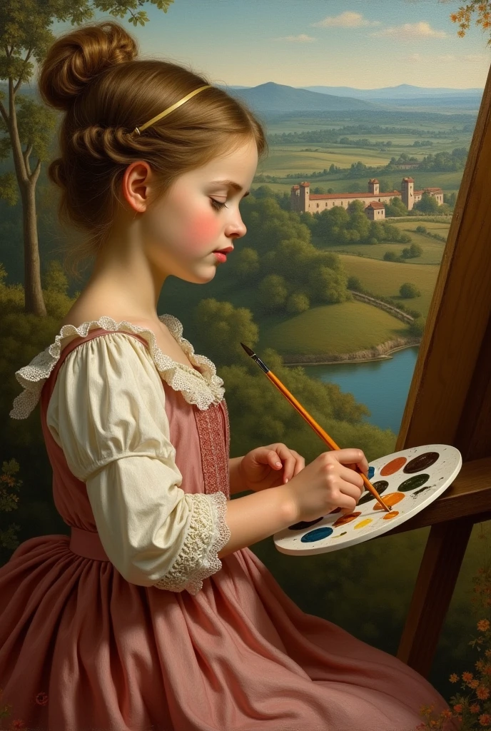 Painting of a young girl from the Renaissance period painting a landscape