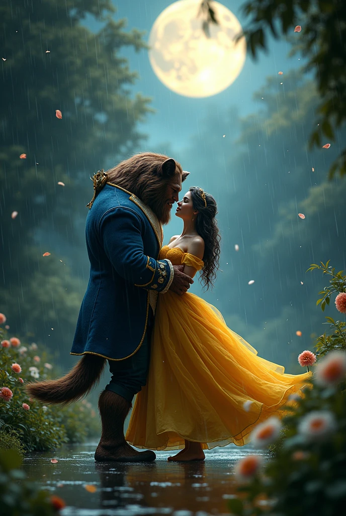 beauty and the beast dancing in the rain at night and the bright moon