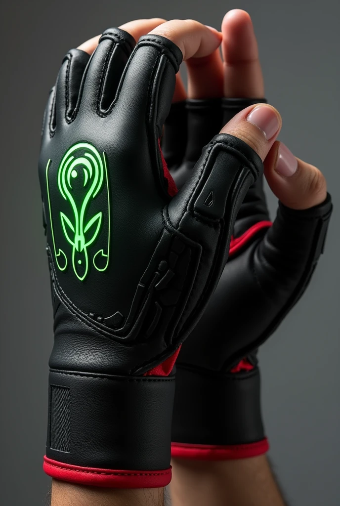 Prompt: Create an image of a pair of UFC gloves designed with the theme of the Omnitrix from the Ben 10 series. The gloves should be compact, sleek, and designed to fit comfortably on both hands. The main colors are black and red, with the black dominating the outer surface and the red accentuating certain features. The iconic Omnitrix symbol should be prominently displayed on the back of each glove, where the wrist meets the hand, glowing in a bright green. The gloves should have a futuristic yet functional design, with subtle patterns or lines inspired by the Omnitrix’s original design running along the knuckles and fingers. The palm side of the gloves should have a simple, smooth finish with a black color, while the inner lining may have hints of red. Ensure the gloves appear durable, with padding that suggests both protection and flexibility, suitable for mixed martial arts.