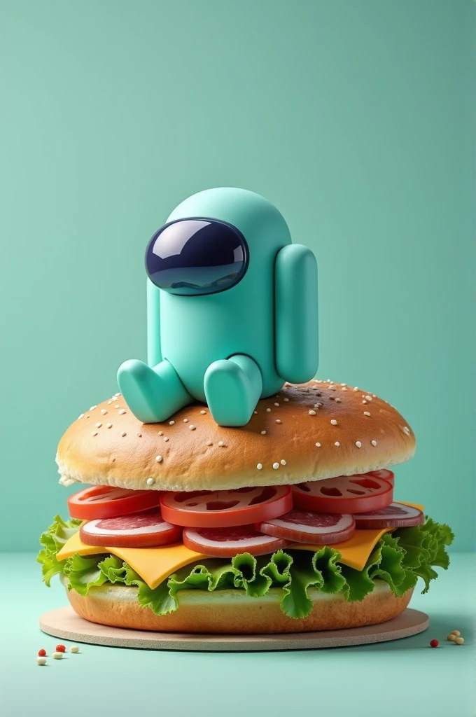 Among us cyan sitting on a sandwich