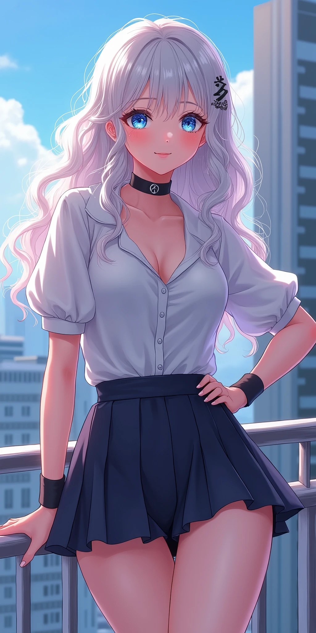(best quality, ultra-detailed, photorealistic: 1.39), bright and vibrant colors, studio lighting, romantic expression, An effeminate girl, with a delicate and beautiful face. She is a girl who reflects seductive beauty, sparkling eyes, A beautiful adult woman beautiful and voluminous curly white hair, hair clip, crying a seductive 2 woman with big breasts seduces, with her large breasts seduces, beautiful cute k-pop cosplay, dancer, k-pop style blouse and K-pop pleated skirt, black socks, beautiful details, shy smile, happy expression with an insinuating smile, with beautiful legs, with her blue eyes that matches her soft smile, in a beautiful pose demonstrating her seduction beautiful, in the balcony, for a k-pop show, making a cute pose, anime style, like a manwha character