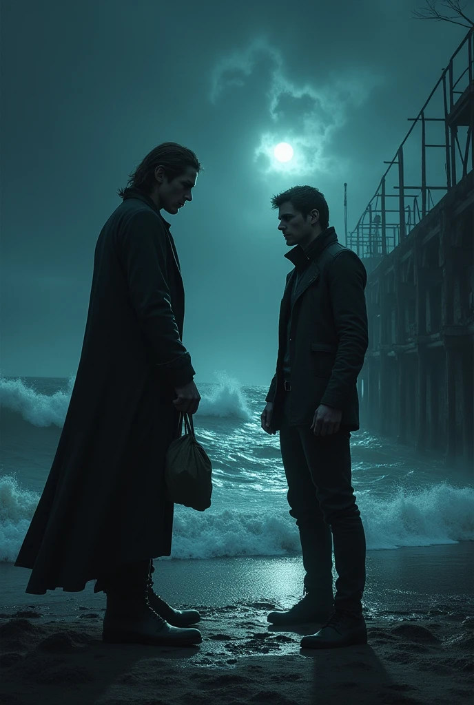 ## Scene 3: The Confrontation
**Prompt:** *At the abandoned docks at midnight, Leo approaches Brutus, who stands with Luna bound beside him. The setting is dark and ominous, with the wind howling. Leo drops a bag of credits on the ground, his eyes locked on Brutus with cold, deadly intent. Brutus smirks, preparing for the fight.*