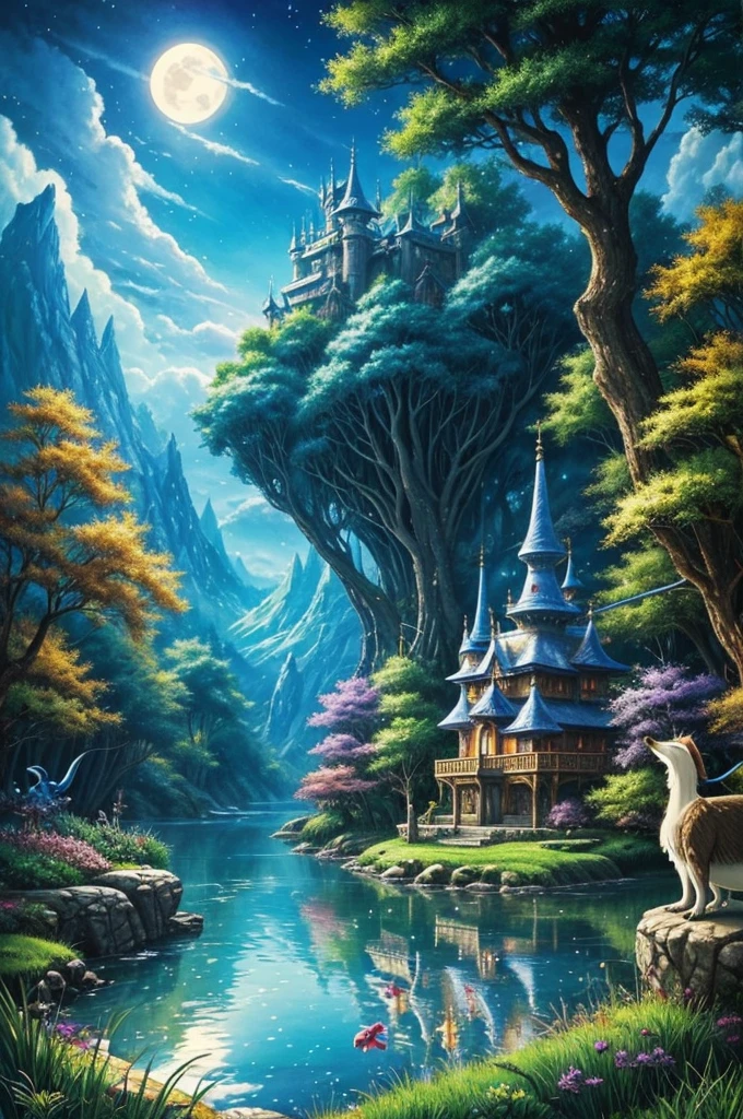 Magic creatures are living in enchanted world. Fantasy, hayao miyazaki art