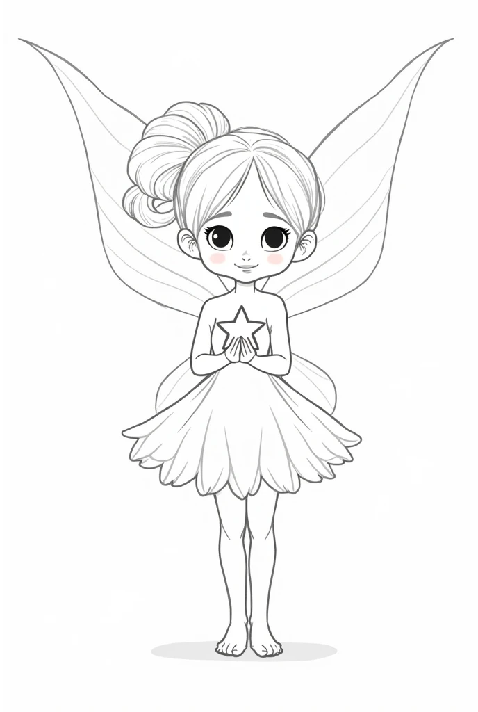 a pretty fairy with a magic star in her hands, for coloring pages, full white, children's style, magic forest background, full body, Sketch style, playful style, childrens