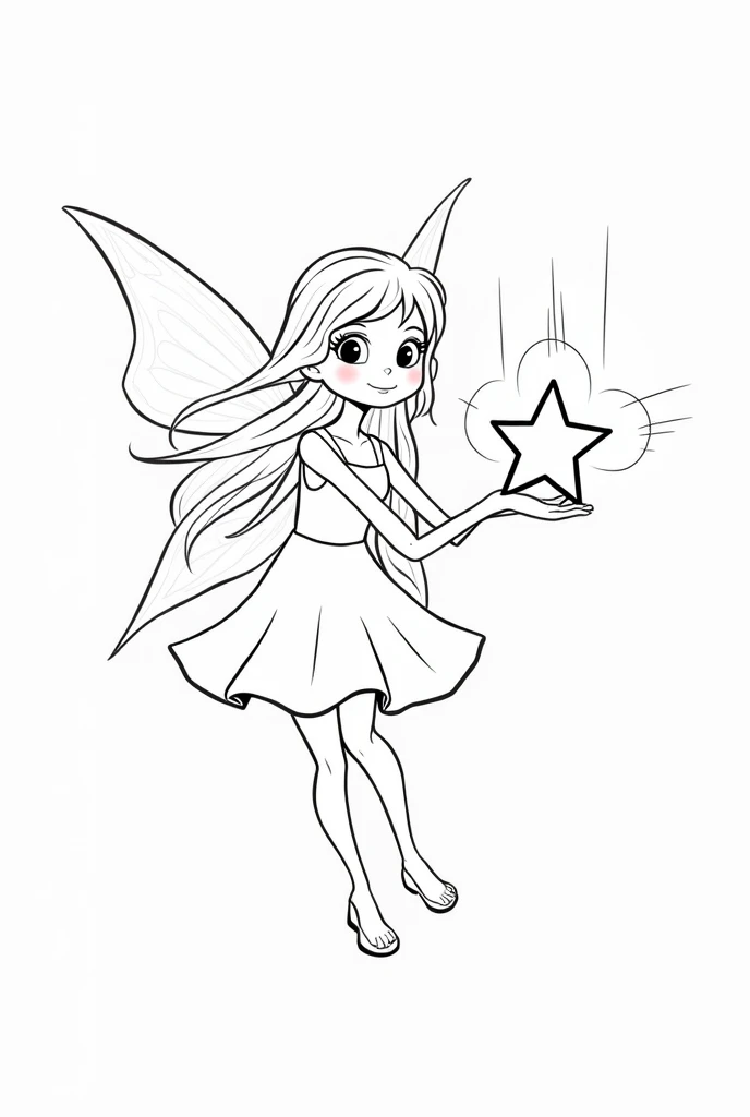 a pretty fairy with a magic star in her hands, for coloring pages, full white, children's style, magic forest background, full body, Sketch style, playful style, childrens