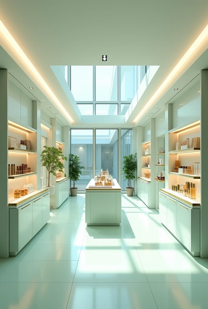 create the interior of a cosmetics store inside a shopping mall, for a brand called Walancy, in white colors, aqua green and gold