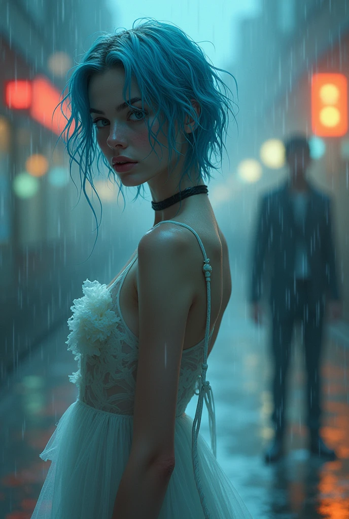 NUDE:1.2,Traction collar:1.3,Leash:1.3,protrait photo,Full body image,For the audience,Shred clothes,Fragments of clothing,cpainting,psychedelic,Dreamlike,atmospheric artwork depicting a rainy street scene at night. soft,pastel color palette dominated by blues and eerie oranges. A girl with short,light blue hair,wet hair, dressed in a wet and transparent dress,offering an ethereal,almost ghostly presence. The background showcases blurred city lights,rain reflections,and falling petals,creating a sense of melancholy and romanticism. Dynamic composition with a mix of sharp and softened details,emphasizing the dreamy,impressionistic style. Another figure,possibly a young man,stands in the blurred rain-soaked background,contributing to the sense of solitude and introspection.,,Devil figure,slim,Front convex and back curved,Perfect body,的Very detailed details of the face,Clear facial features,Fair and delicate skin,long legs,Avoid changing the facial features of the reference image,Perfect facial features,Very detailed details of the face,Glowing eyes,Mid-chest,Cleavage,clavicle,Light arm,Bare legs,Black over the knee,Perfect body比例,Long legs,Devil figure,Real skin texture,Glowing translucent skin,Real skin pores,Perfect hands,Perfect hands臂,Perfect hands指,Perfect legs,Perfect feet,Perfect feet趾,Covered in sweat,Devil figure,slim,Front convex and back curved,Perfect body,的Very detailed details of the face,Clear facial features,Fair and delicate skin,long legs,Avoid changing the facial features of the reference image,Perfect facial features,Very detailed details of the face,Glowing eyes,Big breasts,Cleavage,clavicle,Light arm,Bare legs,Black over the knee,Perfect body比例,Long legs,Devil figure,Real skin texture,Glowing translucent skin,Real skin pores,Perfect hands,Perfect hands臂,Perfect hands指,Perfect legs,Perfect feet,Perfect feet趾,