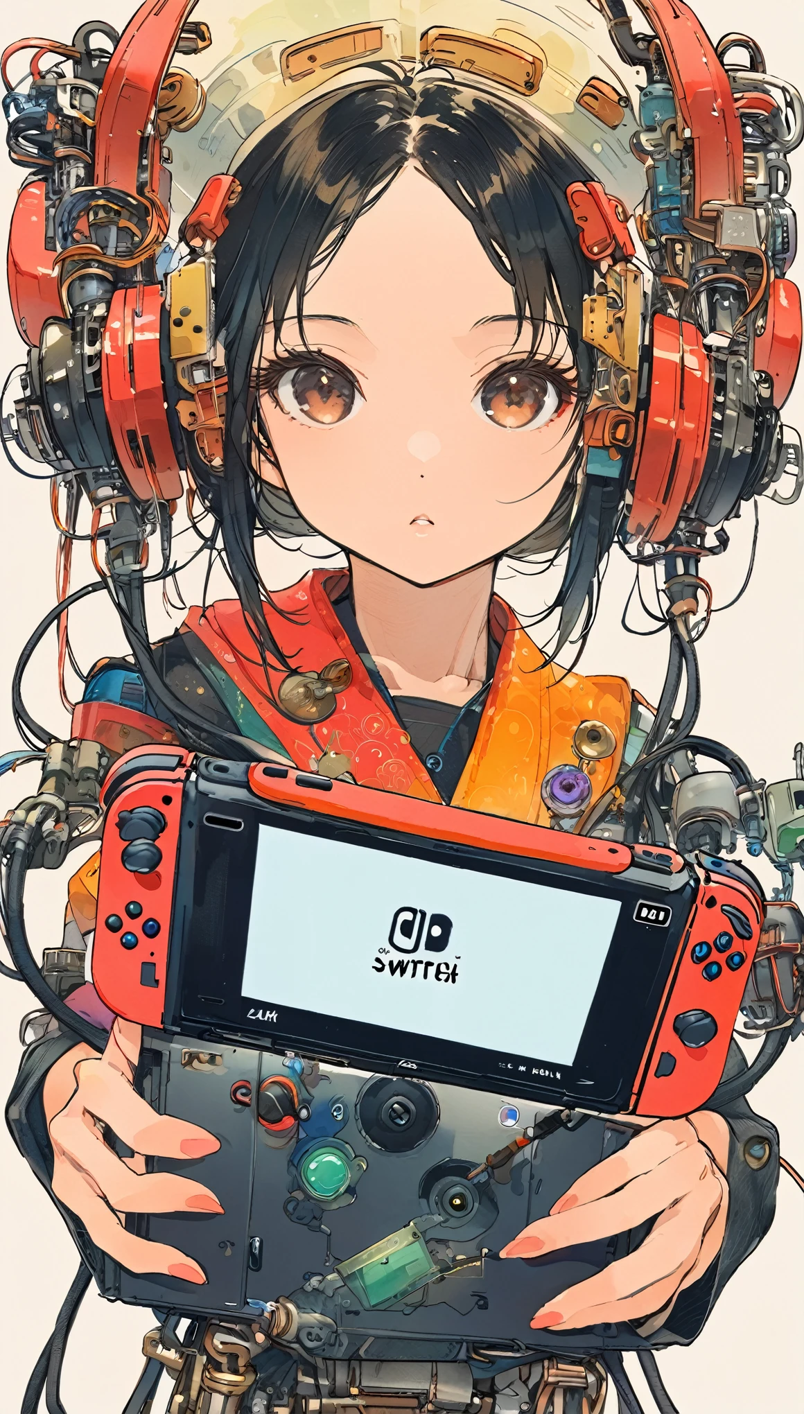 (Skinny girl) (Short bob style hair) (Black Hair) (Dark brown eyes) (parts) (Playing on Nintendo Switch)、Upper Body、Android、Mechanical Body、The Style of Kawanabe Kyosai