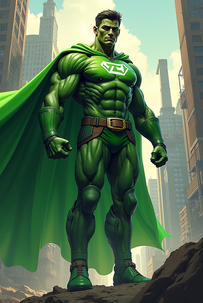 Create me an image for the cover of a comic called Super Recycled and where the character is a superhero and has a green cape and his skin is green.