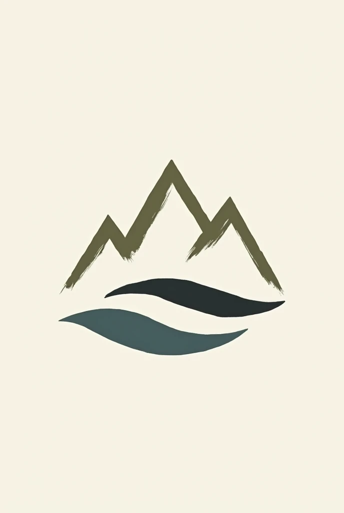 Create a simple logo for a personal brand that combines a stylized mountain with a soft wave and a subtle brush stroke. Use a neutral color palette (white, beige, negro, olive green, soft blue).