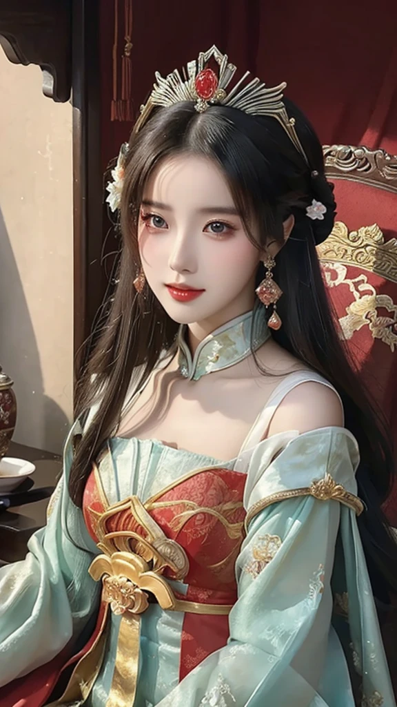 a close up of a woman wearing a red dress and a tia, palace , a girl in hanfu, ((a beautiful fantasy empress)), a beautiful fantasy empress, beautiful character painting, guweiz, artwork in the style of guweiz, chinese style, trending on cgstation, ancient chinese princess, inspired by Lan Ying, chinese princess