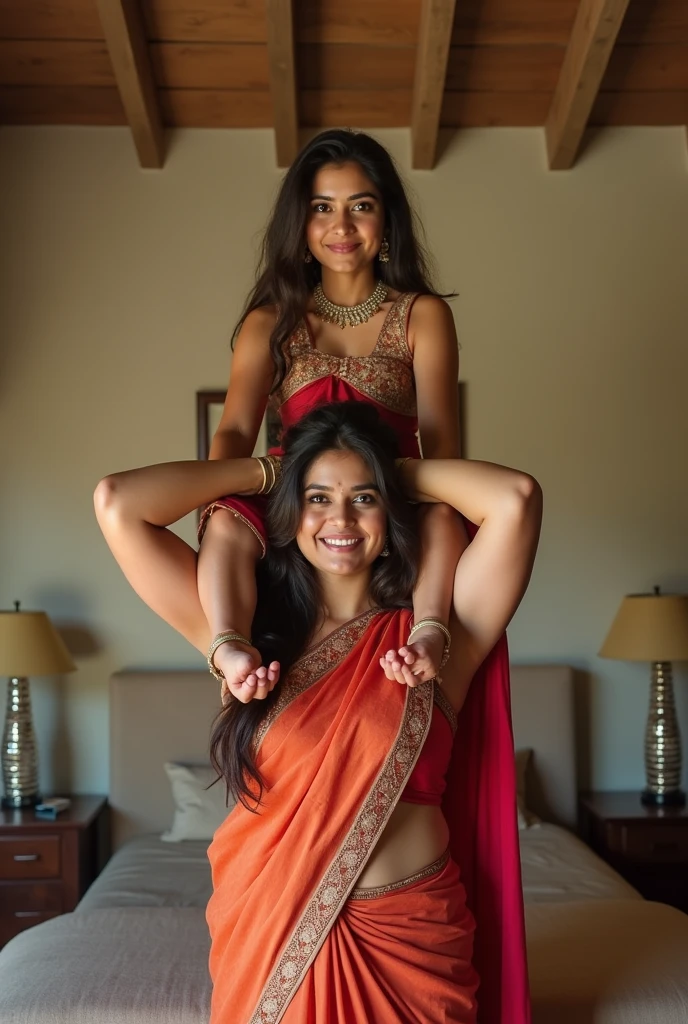 Beautiful and Slim Indian woman in rajasthani ghoonghat saree lifting piggyback a large chubby fat man above her shoulders, man is sitting on woman's shoulders, in a bedroom with high ceiling, natural smile, woman is looking into the camera , she is holding his hands, full body image 