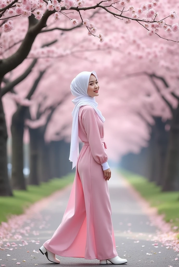 The view is simply amazing,under the flowers, sakura, the beautiful one, a beautiful korean woman, smooth white skin, well-groomed face, wearing pink hijab, wearing a long pink dress with balloon sleeves, walking gracefully,Woodland,looking in front of the camera under the blooming cherry blossoms.some flowers fall, left and right of the road are cherry blossom trees in full bloom,and beautiful. The cherry blossom tree looks realistic in the photo. Cherry blossom tree background,Realistic original photo.