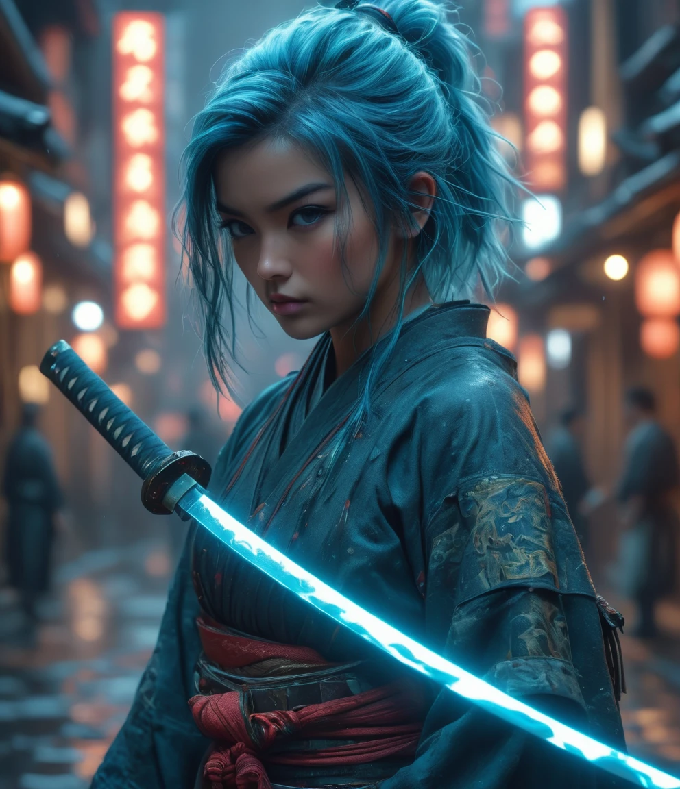 Samurai, 25yo woman, hyperrealism, very detailed skin, 4k,,, AshleyWoodArtAI,, katana profile picture, Organic Painting, night time, Matte Painting, bold shapes, hard edges, street art, trending on artstation, by Huang Guangjian and Gil Elvgren and Sachin Teng, Glow, katana, slender body shape, big breasts, short hair, blue hair