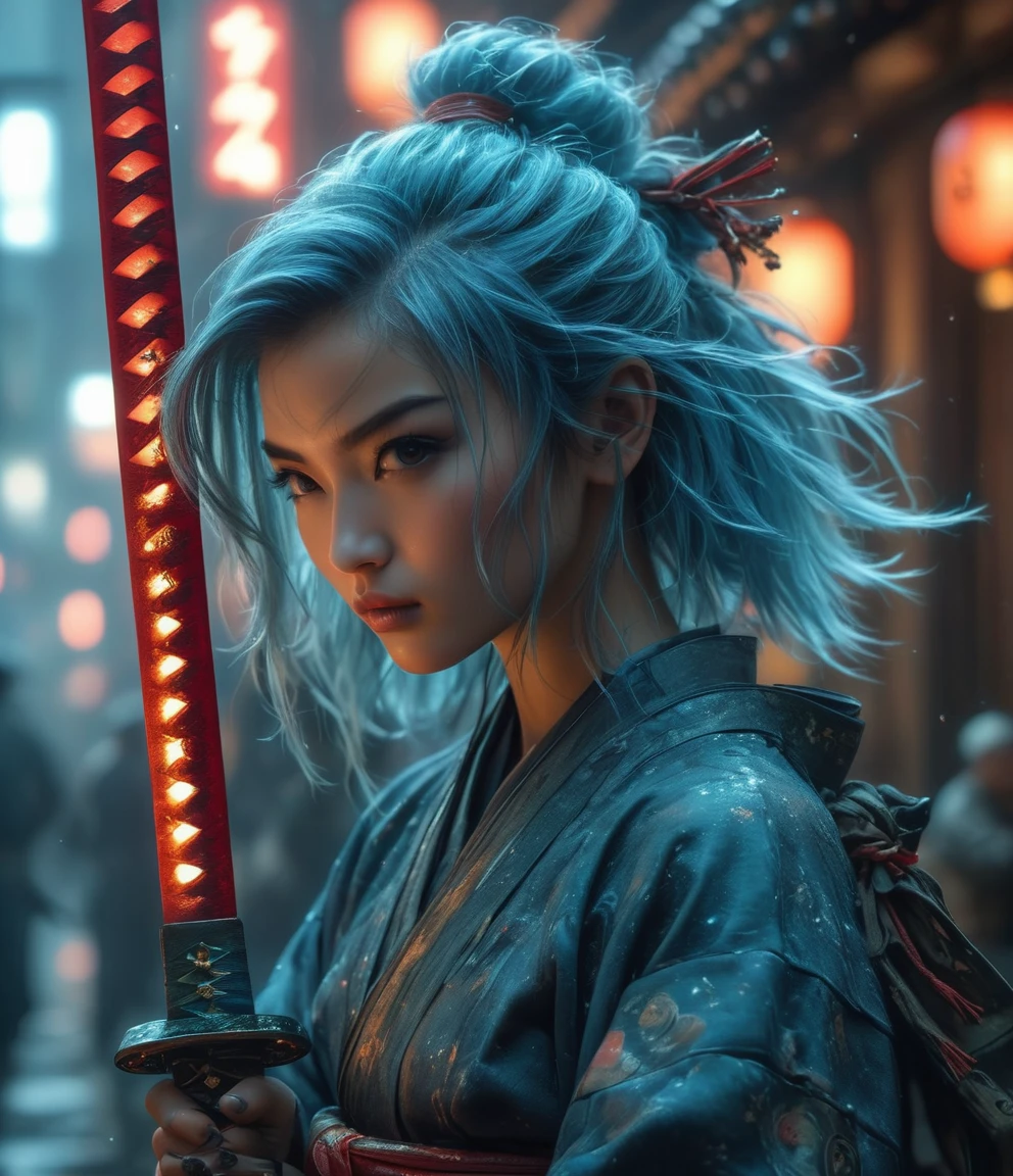 Samurai, 25yo woman, hyperrealism, very detailed skin, 4k,,, AshleyWoodArtAI,, katana profile picture, Organic Painting, night time, Matte Painting, bold shapes, hard edges, street art, trending on artstation, by Huang Guangjian and Gil Elvgren and Sachin Teng, Glow, katana, slender body shape, big breasts, short hair, blue hair