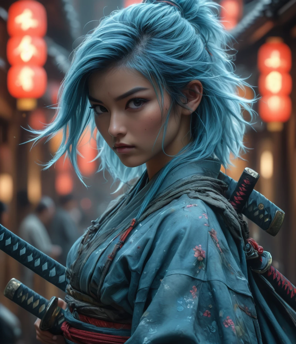 Samurai, 25yo woman, hyperrealism, very detailed skin, 4k,,, AshleyWoodArtAI,, katana profile picture, Organic Painting, night time, Matte Painting, bold shapes, hard edges, street art, trending on artstation, by Huang Guangjian and Gil Elvgren and Sachin Teng, Glow, katana, slender body shape, big breasts, short hair, blue hair