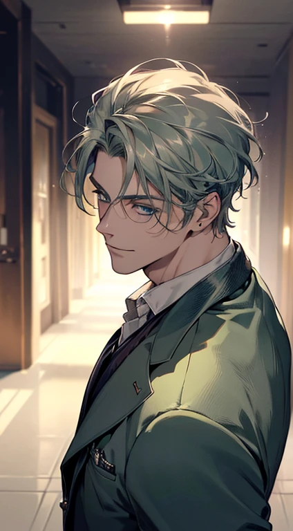 (best quality, masterpiece, 8K, photorealistic, cinematic lighting, 1:4 hdr image, top view, ultra detailed, beautiful image), a mature man, very handsome, short grey green hair, blue eyes, perfect face without errors , ((buttoning his jacket, CEO)), smile in love.