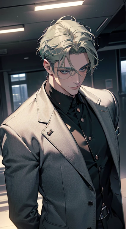 (best quality, masterpiece, 8K, photorealistic, cinematic lighting, 1:4 hdr image, top view, ultra detailed, beautiful image), a mature man, very handsome, short grey green hair, blue eyes, perfect face without errors , ((buttoning his jacket, CEO)), smile in love.