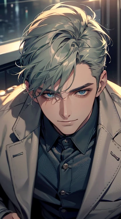 (best quality, masterpiece, 8K, photorealistic, cinematic lighting, 1:4 hdr image, top view, ultra detailed, beautiful image), a mature man, very handsome, short grey green hair, blue eyes, perfect face without errors , ((buttoning his jacket, CEO)), smile in love.