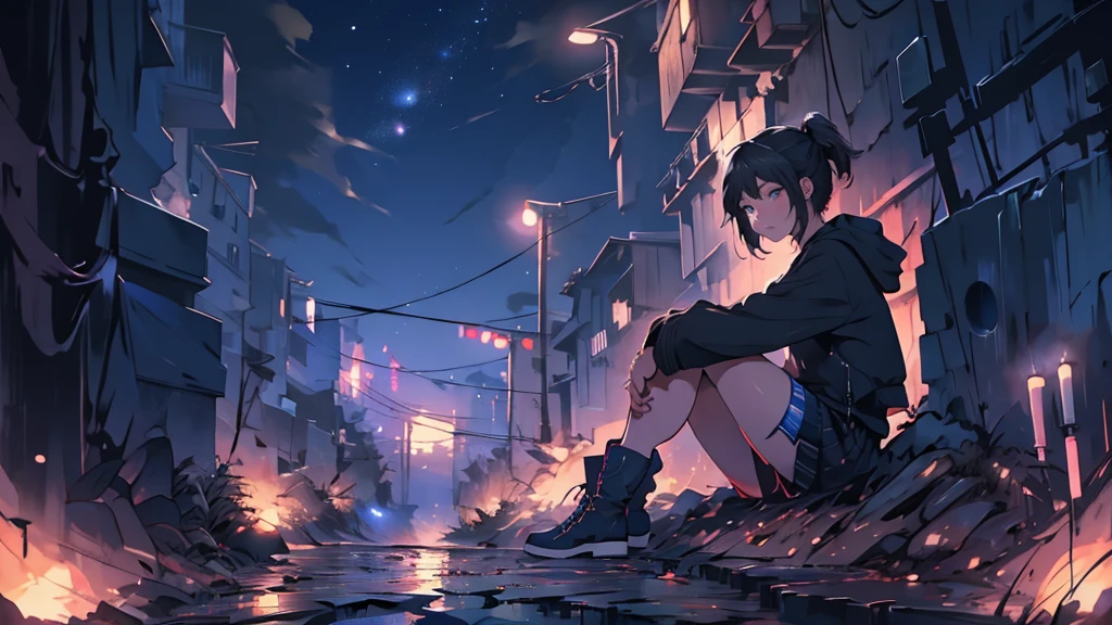masterpiece,night,(dark alley),star、Night evening Sky、milky way、octone、
(1. Female), (solo), Knee hugging sitting,acousticguitar