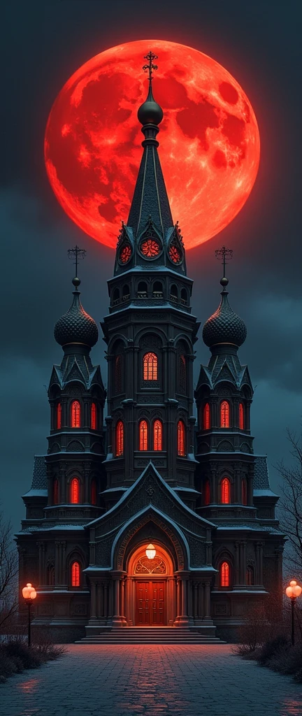 (masterpiece:1.2,excellent quality,Like a mirror,cinematic experience,Best Illustration,Very detailed),8K,A dramatic Orthodox church against a night sky with a large red moon, inspired by the Slavic epic illustrations of Ivan Bilibin, the luminous architectural paintings of Igor Grabar and the ornate art nouveau designs of Alphonse Mucha, with the intricate details and grand scale of Yuri Ivanovich Pimenov's Cathedral of the Sun and the fantastical digital art of Beeple, all in the distinctive style of Alexander Deineka and Andrey Esionov, with an precisely composed, photorealistic rendering.structure