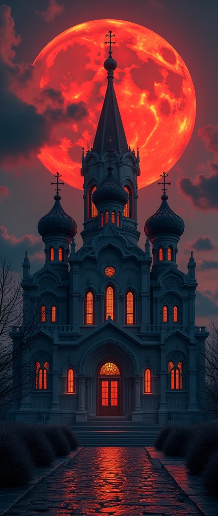 (masterpiece:1.2,excellent quality,Like a mirror,cinematic experience,Best Illustration,Very detailed),8K,A dramatic Orthodox church against a night sky with a large red moon, inspired by the Slavic epic illustrations of Ivan Bilibin, the luminous architectural paintings of Igor Grabar and the ornate art nouveau designs of Alphonse Mucha, with the intricate details and grand scale of Yuri Ivanovich Pimenov's Cathedral of the Sun and the fantastical digital art of Beeple, all in the distinctive style of Alexander Deineka and Andrey Esionov, with an precisely composed, photorealistic rendering.structure