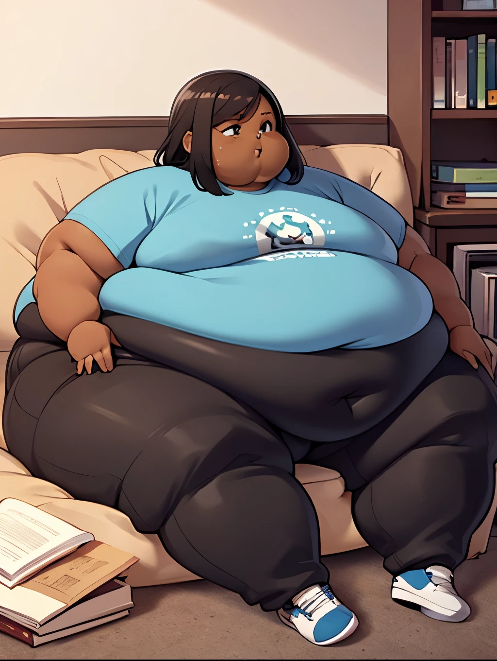 Extremely obese African woman, dark brown skin, fat blob, fat arms, fat face, fat legs, fat rolls, brown skin, grey shoulder legth hair,, wearing a blue T-shirt and loose sweatpants, sitting on the floor, fag blob