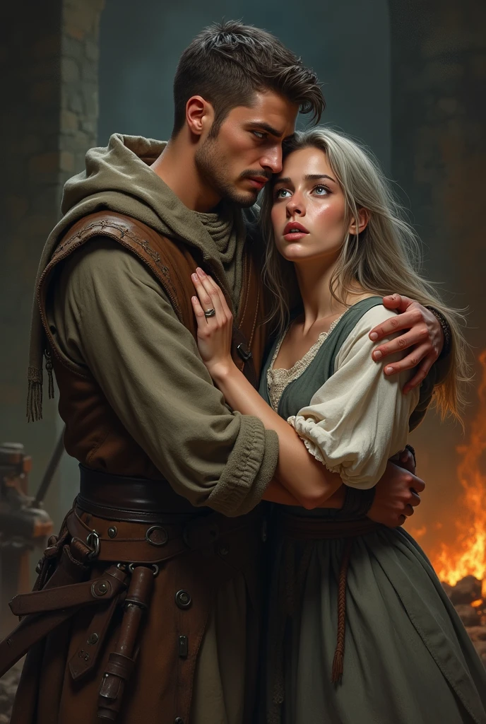 Young man with brown hair and short beard, greeneyes, holding a frightened young woman with silver hair and amber eyes, both in medieval blacksmith's