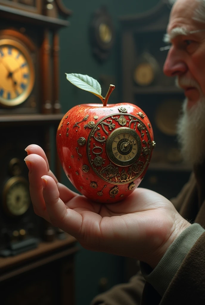 8k , masterpiece , super realphoto , high resolution , break , In a quiet antique clock shop, an elderly shopkeeper discovers a strange apple with intricate clockwork patterns on its surface. The apple begins to spin and reveals a pocket watch inside, which causes time in the shop to reverse. The old man glimpses his younger self, but the apple starts to wither, symbolizing the fleeting nature of time. He lets go of the apple, which returns to normal and falls to the floor as the shop's time returns to its usual flow. The shop is left in silence, with the mysterious apple resting in the corner.